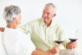 Mature couple drinking wine on couch. Happy mature man and woman drinking wine while sitting on couch. Royalty Free Stock Photo