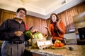 Mature couple having fun cooking in kitchen Royalty Free Stock Photo