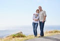 Mature couple, hug and portrait at the sea, ocean or walk on road at the beach in retirement mockup. Summer, vacation or Royalty Free Stock Photo