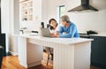 Mature couple, laptop and kitchen for home ideas, asset management and planning of finance or mortgage at home. Woman Royalty Free Stock Photo