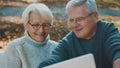 Mature couple in love taking selfie in forest on autumn day. Video call or browsing old photos Royalty Free Stock Photo