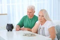 Mature couple with money and piggy bank Royalty Free Stock Photo