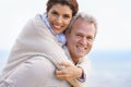Mature couple, portrait and piggy back on vacation, airplane hands and happiness for holiday. Man, woman and bonding Royalty Free Stock Photo