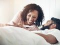 Mature couple, pregnancy test and happy for results, bed or home for celebration, surprise and announcement. Woman, man Royalty Free Stock Photo