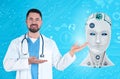 Mature doctor demonstrating digital model of artificial intelligence on blue background. Machine learning