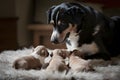 Mature dog guards three tiny puppies, creating a serene and heartwarming indoor scene
