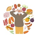 Mature elderly man holds her head with his hands surrounded by food. Man with gray hair and beard experiences