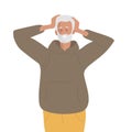Mature elderly man holds his head with his hands due to pain or stress. Man with gray hair and beard experiences