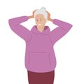 Mature elderly woman holds her head with her hands due to pain or stress. Woman wearing casual clothes experiences