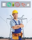 Electrician and set of tools against high voltage tower Royalty Free Stock Photo