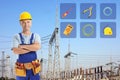 Mature electrician and set of tools against substation Royalty Free Stock Photo