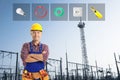 Electrician and set of tools against substation Royalty Free Stock Photo