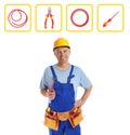 Mature electrician and tools and background Royalty Free Stock Photo
