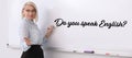 English teacher writing on whiteboard in classroom. Banner design Royalty Free Stock Photo