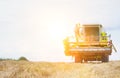 Mature farmer standing on combine harvester in field Royalty Free Stock Photo