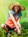 Woman with gardening tool working in greenhouse