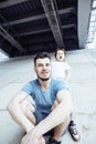 Mature father with his son under the bridge having fun together happy family, lifestyle people concept Royalty Free Stock Photo