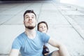 Mature father with his son under the bridge having fun together happy family, lifestyle people concept Royalty Free Stock Photo