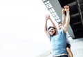 Mature father with his son under the bridge having fun together happy family, lifestyle people concept Royalty Free Stock Photo