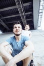 Mature father with his son under the bridge having fun together happy family, lifestyle people concept Royalty Free Stock Photo