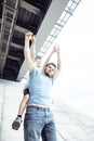 Mature father with his son under the bridge having fun together happy family, lifestyle people concept Royalty Free Stock Photo