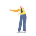 Mature Female Character Wear Yellow Jacket and Blue Pants Gesturing with Arms, Solve Issues, Explain Something