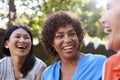 Mature Female Friends Socializing In Backyard Together