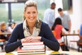 Mature Female Student Studying In Classroom With Books Royalty Free Stock Photo