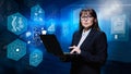 Mature female teacher director of college school posing with laptop