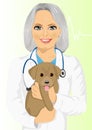 Mature female veterinarian hugging cute little dog