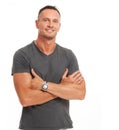 Mature, happy and proud man portrait feeling healthy and fit from wellness and sports with mockup. Male model, smiling