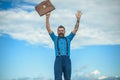 Mature hipster with beard. Brutal male. Vintage fashion bag. Going to work. Businessman. Bearded happy man with retro Royalty Free Stock Photo