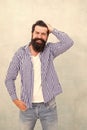 Mature hipster with beard. confident in his style. happy bearded man. Denim look. Male casual fashion style. barber care Royalty Free Stock Photo