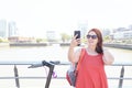 Mature Hispanic woman sightseeing and making a video call in Buenos Aires Royalty Free Stock Photo