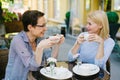 Mature ladies drinking coffee and talking in open air cafe on summer day