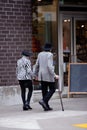 Mature loving stylish married couple strolling along the street