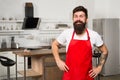 Mature male. Bearded man cook. Bearded man in red apron. Restaurant or cafe cook. Man chef cooking. Hipster in kitchen Royalty Free Stock Photo