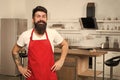 Mature male. Bearded man cook. Bearded man in red apron. Restaurant or cafe cook. Man chef cooking. Hipster in kitchen Royalty Free Stock Photo