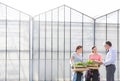 Mature male biochemist discussing with female coworkers against greenhouse Royalty Free Stock Photo