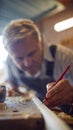 Mature Male Carpenter In Garage Workshop Marking Wood With Pencil Royalty Free Stock Photo