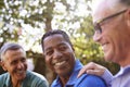 Mature Male Friends Socializing In Backyard Together