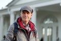 Mature man against a pavilion in a city garden Royalty Free Stock Photo