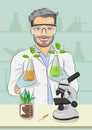 Mature man biologist with protective glasses holding two flasks with plants next to microscope in laboratory Royalty Free Stock Photo