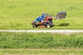 Mature man driving grass cutter in a sunny dGardener driving a riding lawn mower in a gardenay.Worker mowing grass in city park. Royalty Free Stock Photo