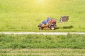 Mature man driving grass cutter in a sunny dGardener driving a riding lawn mower in a gardenay.Worker mowing grass in city park. Royalty Free Stock Photo