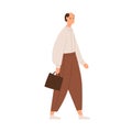 Mature man going to work, wearing pants and shirt, holding briefcase. Old-fashioned bald clerk walking with case. Flat