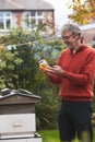 Mature Man Looking At Honey Produced By His Own Bees