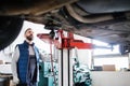 Man mechanic repairing a car in a garage. Royalty Free Stock Photo