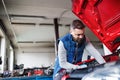 Man mechanic repairing a car in a garage. Royalty Free Stock Photo