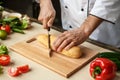 Mature man professional chef cooking meal indoors Royalty Free Stock Photo